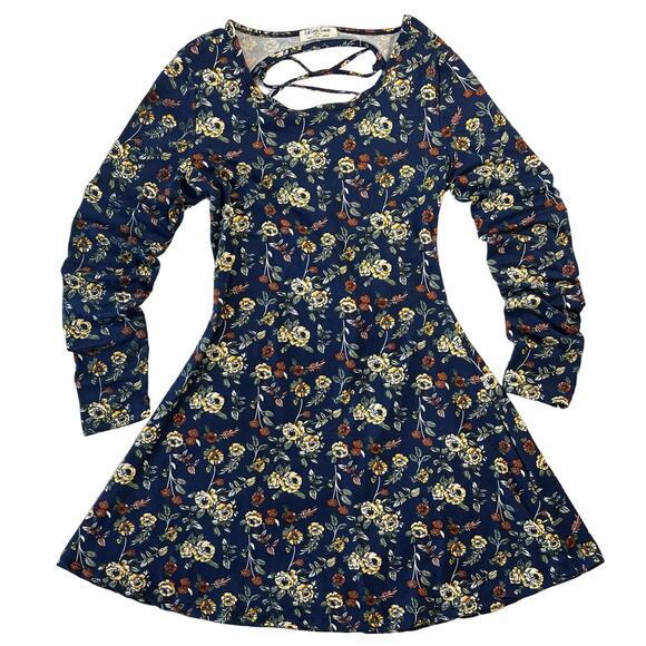 Full Circle Trends Women's Large Blue Floral Long-Sleeve Mini Dress Open Back - Picture 1 of 7
